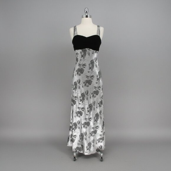 Vintage Dresses & Skirts - Vintage 90s Velvet Silver Jacquard Party Gown Dress XS